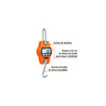 Báscula electrónica colgante de 300 kg Truper, infografía con etiquetas del cuerpo de aluminio, display LCD y gancho