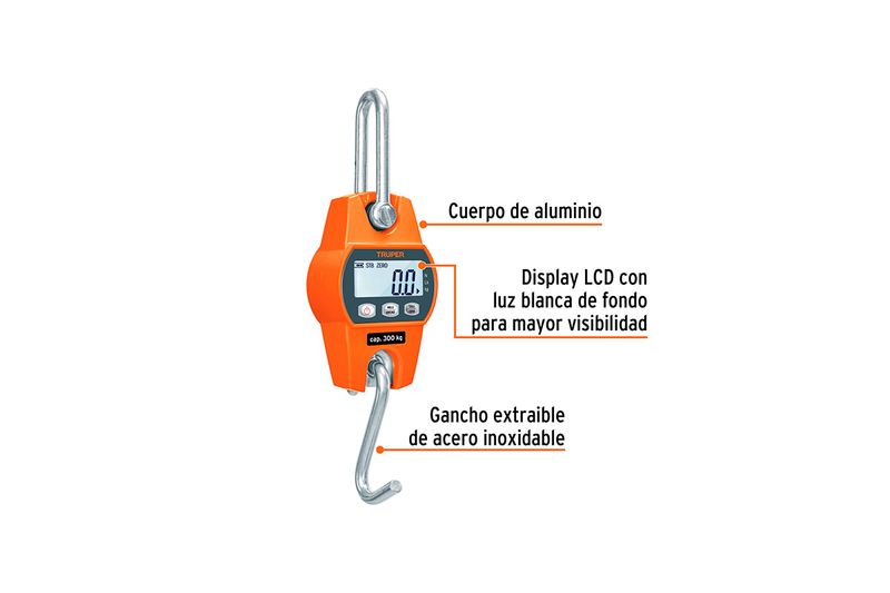 Báscula electrónica colgante de 300 kg Truper, infografía con etiquetas del cuerpo de aluminio, display LCD y gancho