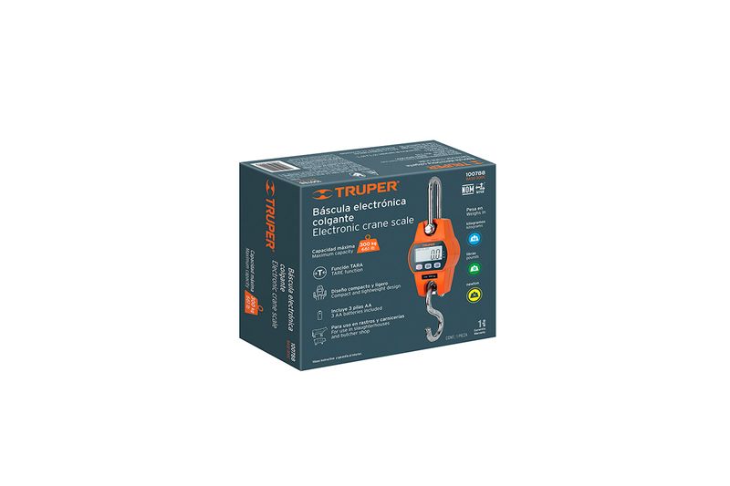 Báscula electrónica colgante de 300 kg Truper, vista frontal de la caja con ilustración del equipo y especificaciones