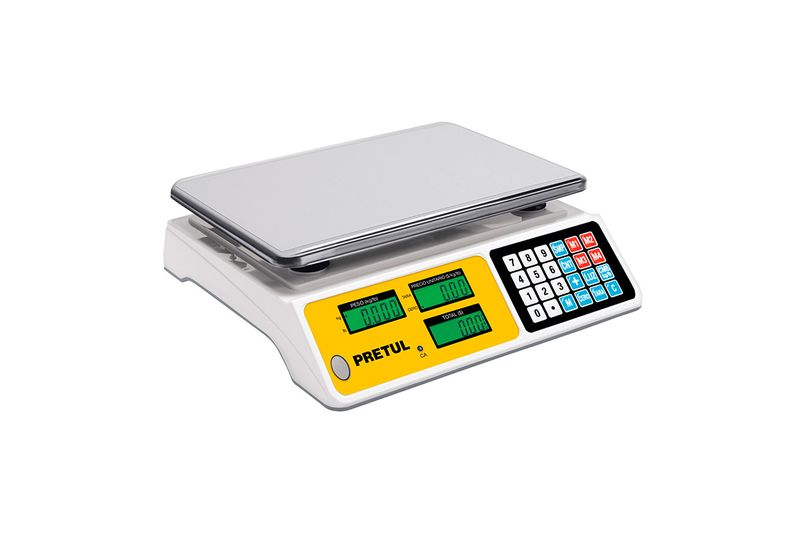 Báscula electrónica de 40 kg Pretul, vista frontal en ángulo con plataforma de acero inoxidable y panel digital