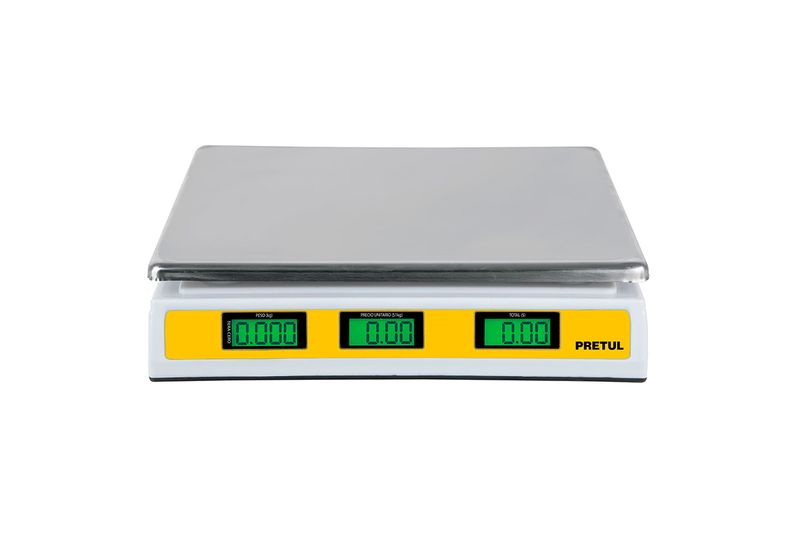 Báscula electrónica de 40 kg Pretul, vista frontal del panel de control amarillo con tres pantallas digitales verdes