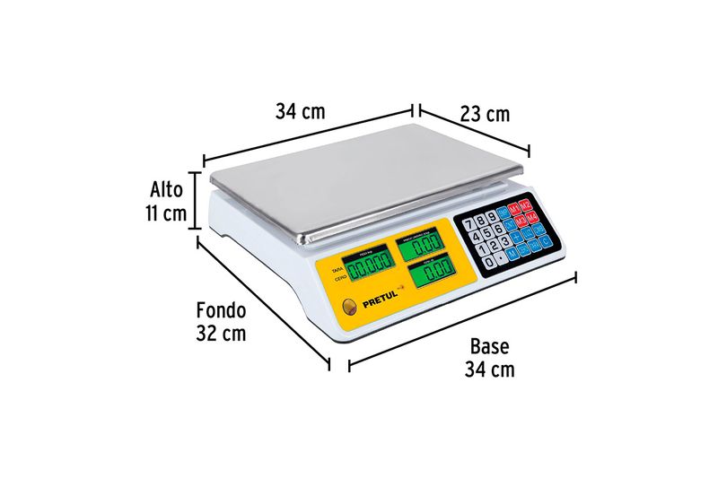 Báscula electrónica 40 kg Pretul, gráfico con dimensiones de alto 11 cm, base 34 cm, fondo 32 cm y ancho 23 cm