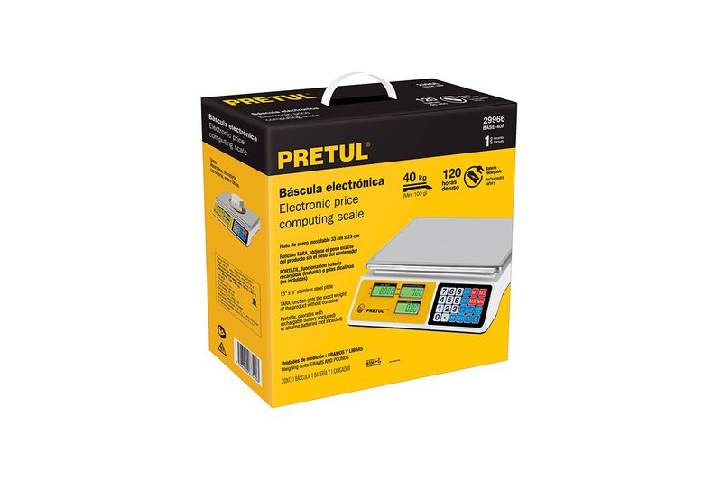 Báscula electrónica de 40 kg Pretul, vista frontal de la caja amarilla con ilustración del equipo y especificaciones