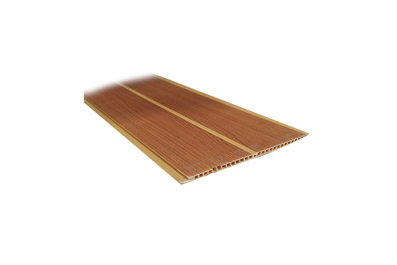 Tabloncillo plástica 5.90 x 0.20 m 6 mm cedro Canet, vista en perspectiva del perfil alveolar y textura de madera