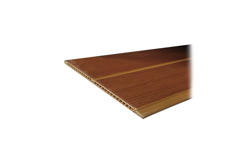 Tabloncillo plástico 5.90 x 0.20 m 6 mm cedro Canet, primer plano del borde con estructura alveolar y veta de madera