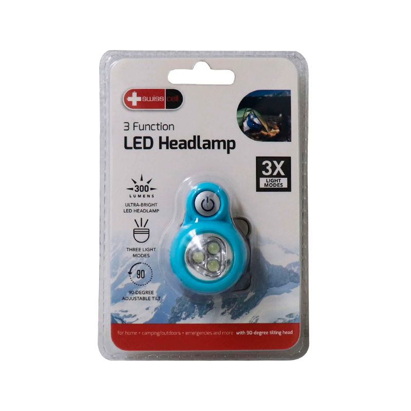 Linterna de cabeza LED Swisscell Sinsa, empaque blister con producto de color azul y detalles técnicos del equipo