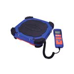 Báscula digital para cargar de refrigerante 220 lb Uniweld, vista lateral del equipo azul con control remoto digital
