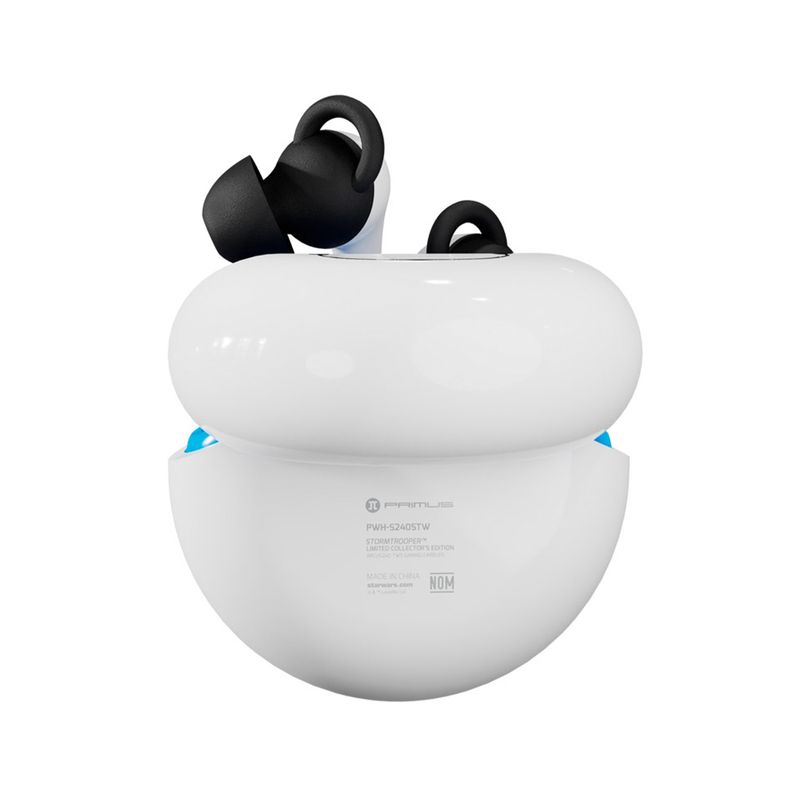 Auriculares gaming Storm Trooper inalámbrico Primus, estuche de carga blanco abierto con los auriculares negros insertados