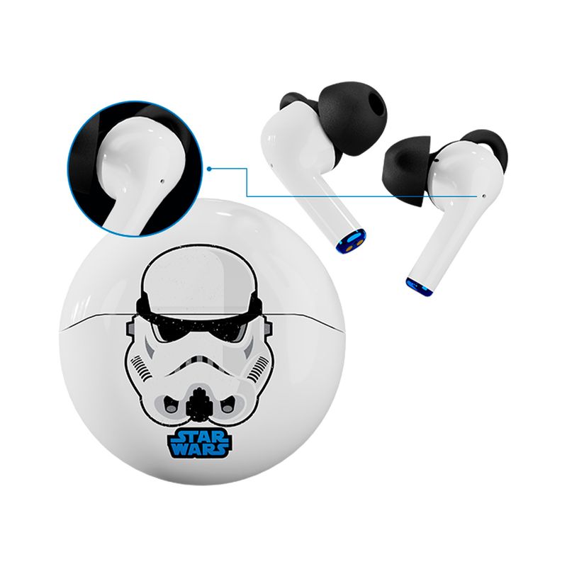Auriculares gaming Storm Trooper inalámbrico Primus, estuche circular con casco de Storm Trooper y audífonos blancos