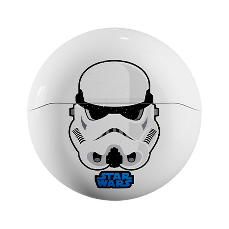 Auriculares gaming Storm Trooper inalámbricos Primus, estuche de carga blanco circular con ilustración de Storm Trooper