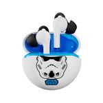 Auriculares gaming Storm Trooper inalámbricos Primus, estuche abierto con ilustración de casco de Star Wars y earbuds blancos