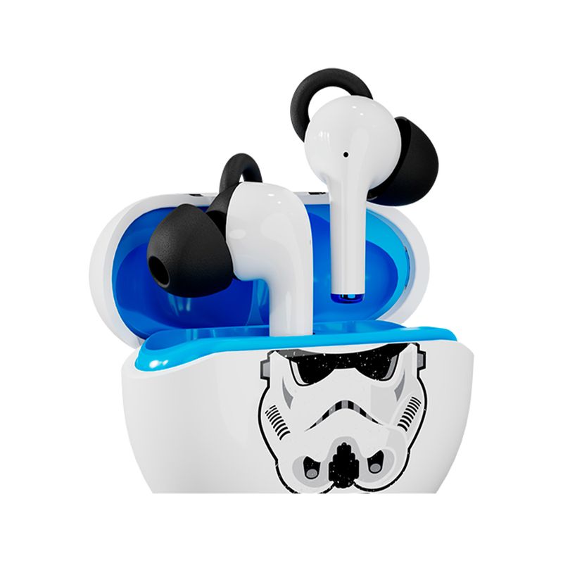 Auriculares gaming Storm Trooper inalámbrico Primus, dos auriculares blancos con ganchos negros sobre estuche abierto