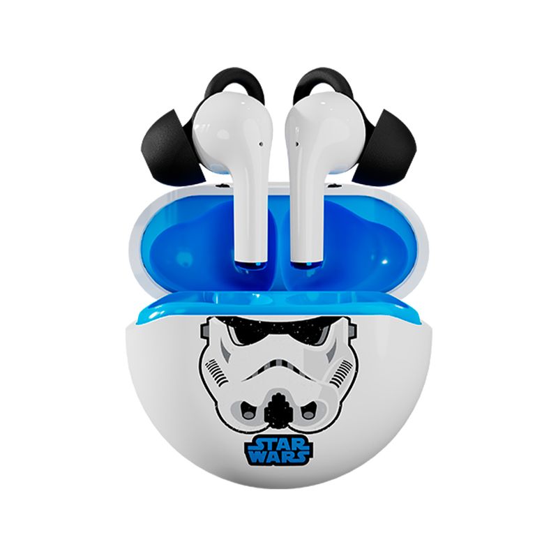 Auriculares gaming Storm Trooper inalámbrico Primus, auriculares blancos fuera de su estuche con interior azul