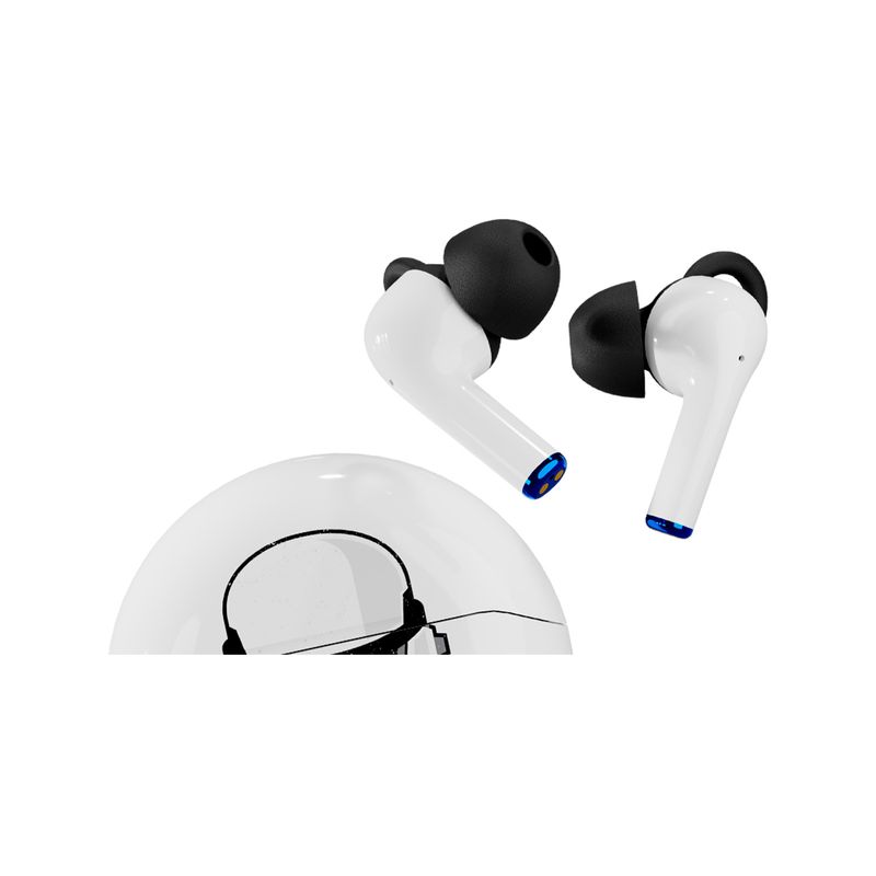 Auriculares gaming Storm Trooper inalámbrico Primus, dos auriculares blancos con almohadillas negras sobre el estuche