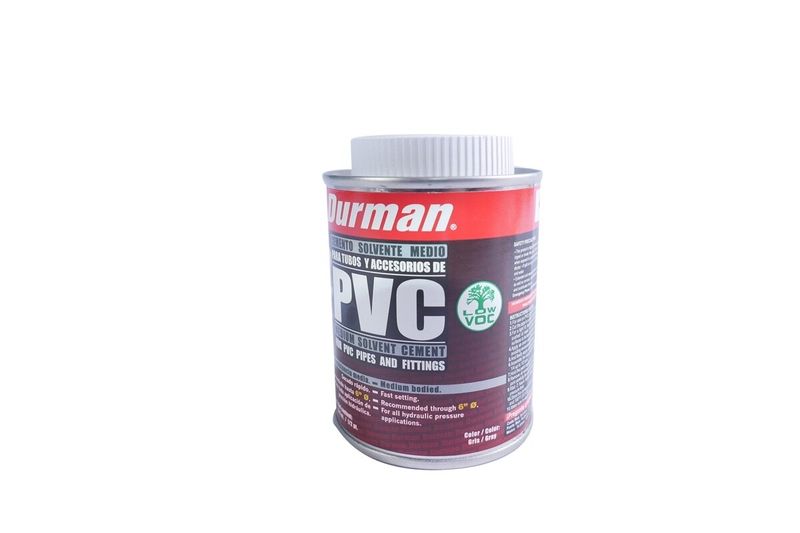 Pega PVC gris Durman de 1/16 galón, vista frontal del envase cilíndrico blanco con etiqueta roja y gris