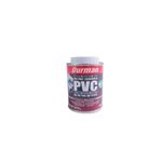 Pega PVC gris Durman de 1/16 galón, envase cilíndrico con etiqueta roja y blanca y tapa plástica gris