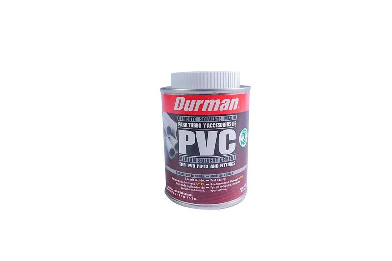 Pega PVC gris Durman de 1/16 galón, envase cilíndrico con etiqueta roja y blanca y tapa plástica gris