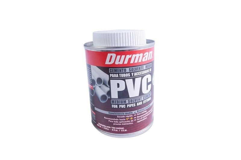 Pega PVC gris Durman de 1/16 galón, envase cilíndrico con tapa blanca y etiqueta roja y blanca