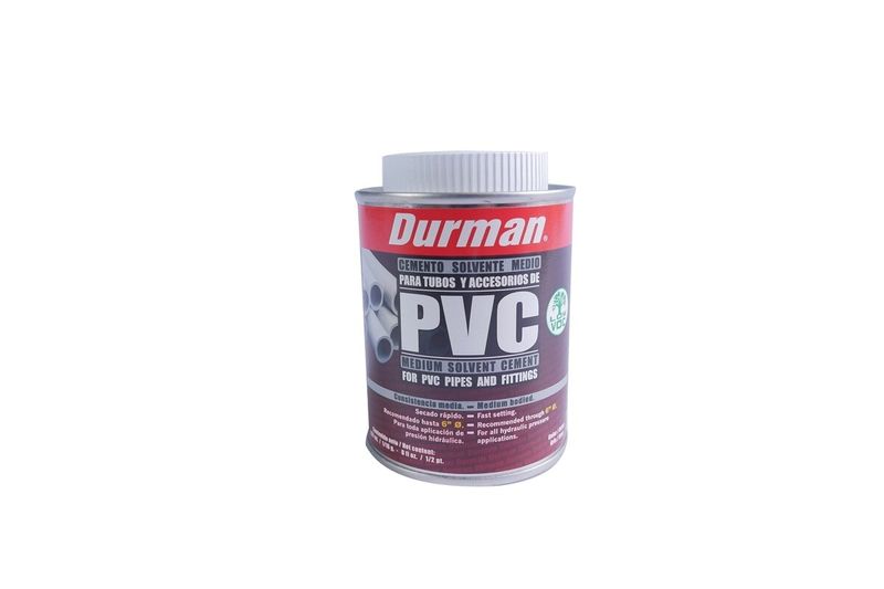 Pega PVC gris Durman de 1/16 galón, envase cilíndrico blanco con etiqueta roja y gris visto de frente