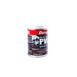 Pega PVC gris Durman de 1/8 galón, envase cilíndrico con tapa blanca y etiqueta roja y blanca