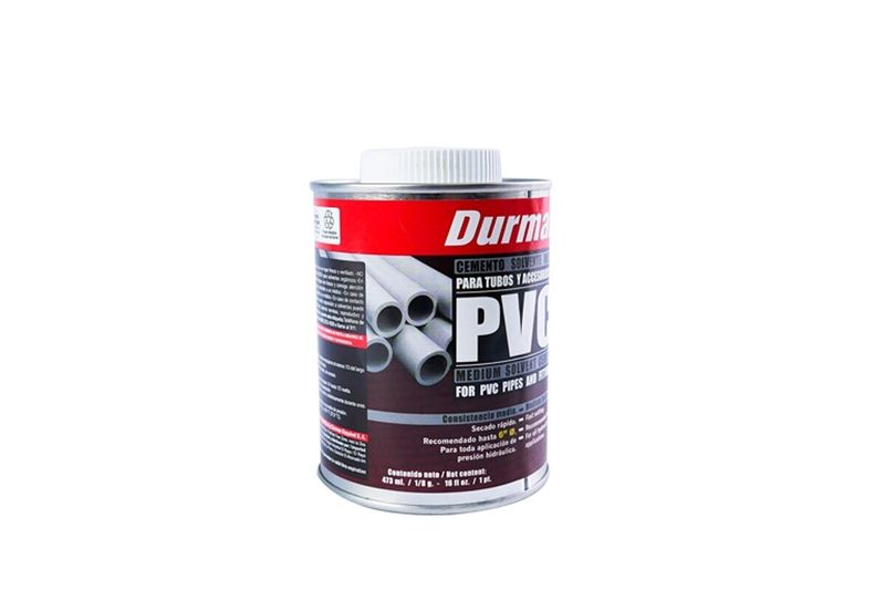 Pega PVC gris Durman de 1/8 galón, envase cilíndrico con tapa blanca y etiqueta roja y blanca
