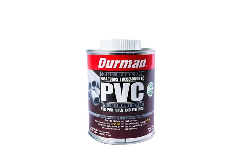 Pega PVC gris Durman de 1/8 galón, envase cilíndrico metálico con etiqueta roja y blanca