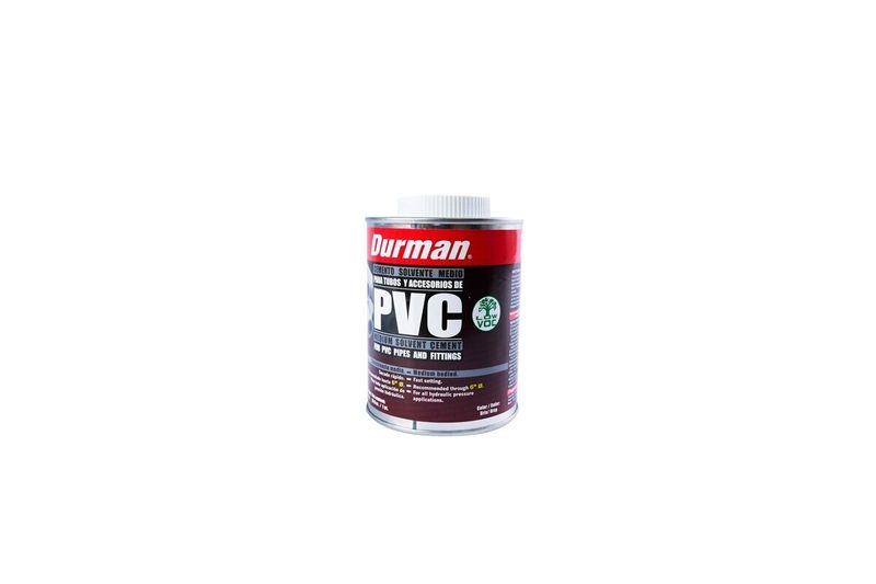 Pega PVC gris Durman de 1/8 galón, vista frontal del envase cilíndrico con etiqueta roja y blanca