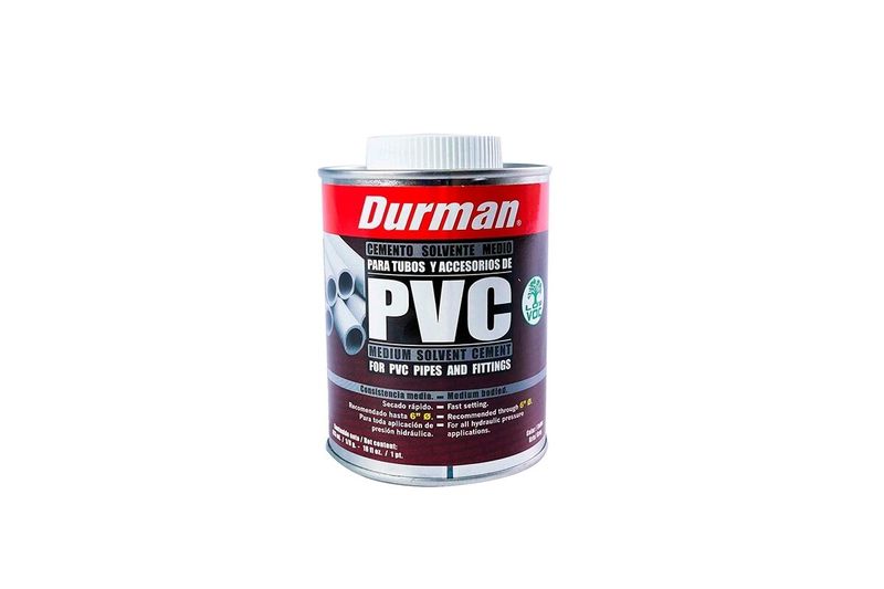 Pega PVC gris Durman de 1/8 galón, envase cilíndrico metálico con etiqueta roja, blanca y negra