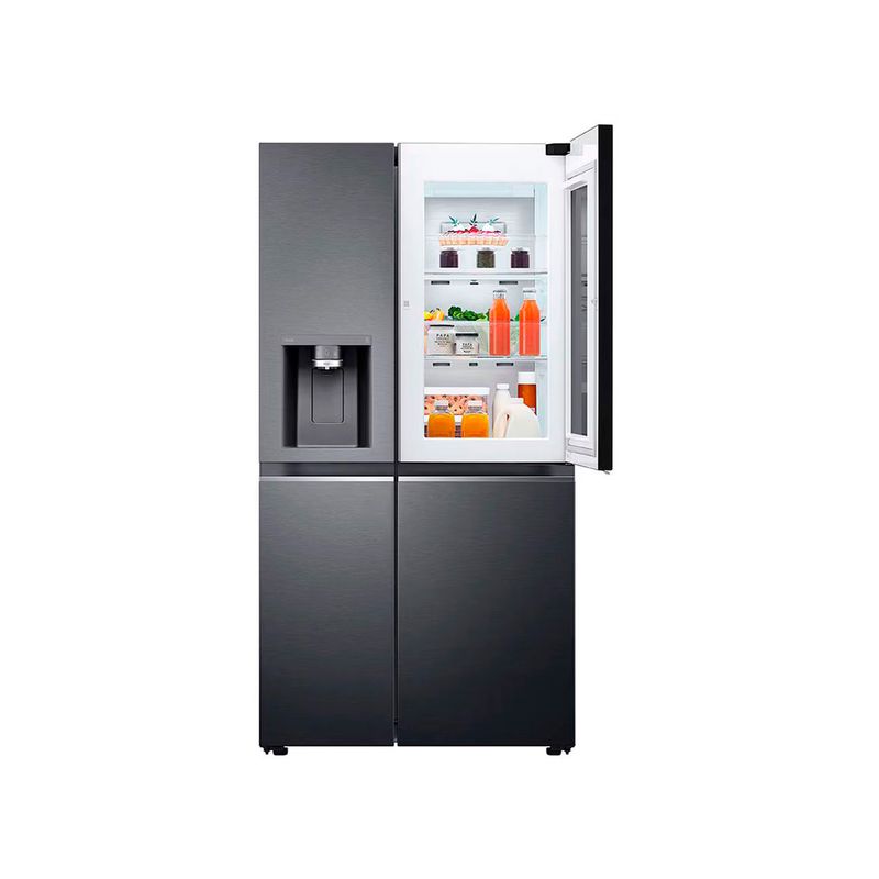 Refrigerador inverter InstaView con dispensador SBS Craft Ice 612 L matte black LG, vista frontal con puerta derecha abierta