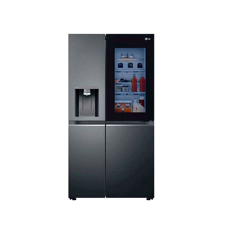 Refrigerador Inverter InstaView con dispensador SBS Craft Ice 612 L matte black LG, vista frontal con panel de vidrio