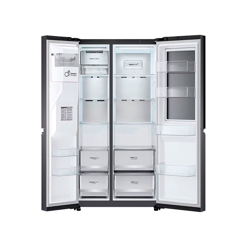 Refrigerador Inverter InstaView con dispensador SBS Craft Ice 612 L matte black LG, vista interior con puertas abiertas