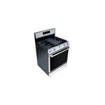 Cocina a gas Hisense de 6 quemadores con función Air Fry, vista diagonal en color acero inoxidable con horno cerrado