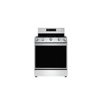 Cocina a gas Hisense de 6 quemadores con función Air Fry, vista frontal en acero inoxidable con panel digital y horno
