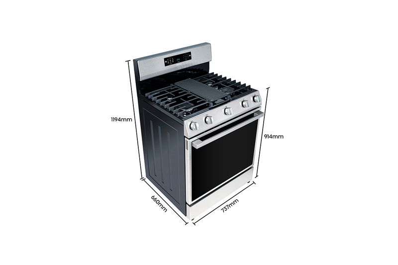 Cocina a gas Hisense de 6 quemadores con función Air Fry, diagrama con medidas de altura, ancho y profundidad en milímetros