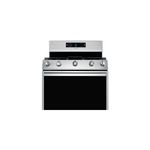 Cocina a gas Hisense de 6 quemadores con función air fry, vista frontal con panel digital encendido y perillas plateadas