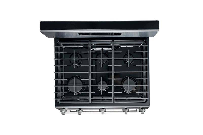Cocina a gas Hisense de 6 quemadores con función Air Fry, vista cenital de la superficie con rejillas y quemadores