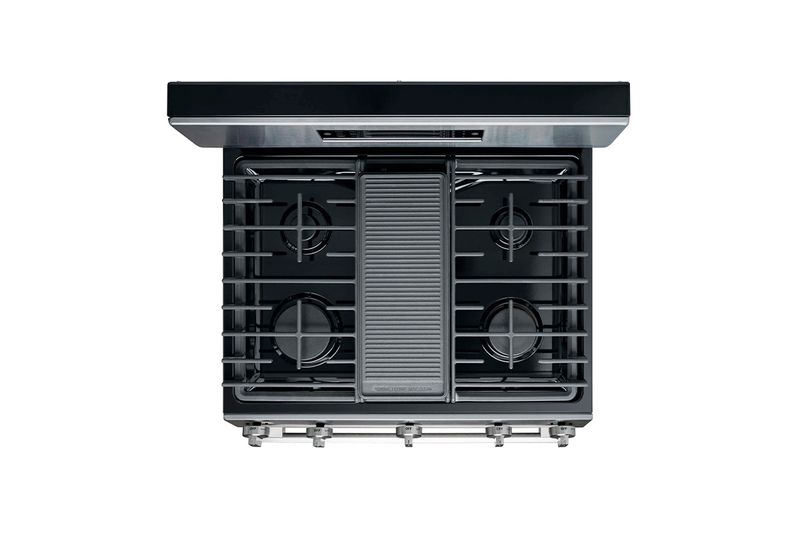Cocina a gas Hisense de 6 quemadores con función Air Fry, vista cenital de la superficie con rejillas negras