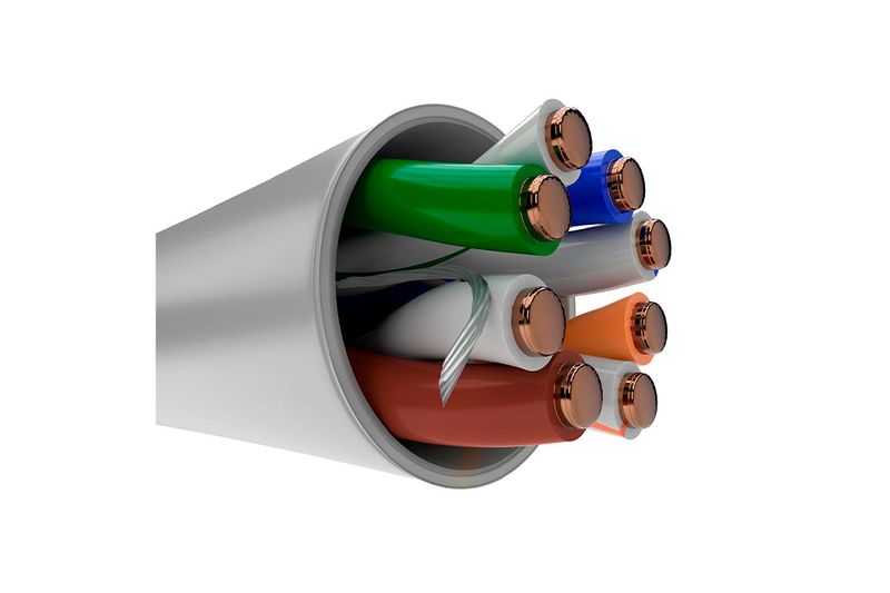 Cable UTP 4 par 25 AWG CMX CAT5E caja 305 m Nexxt, acercamiento al corte transversal mostrando los hilos de cobre trenzados