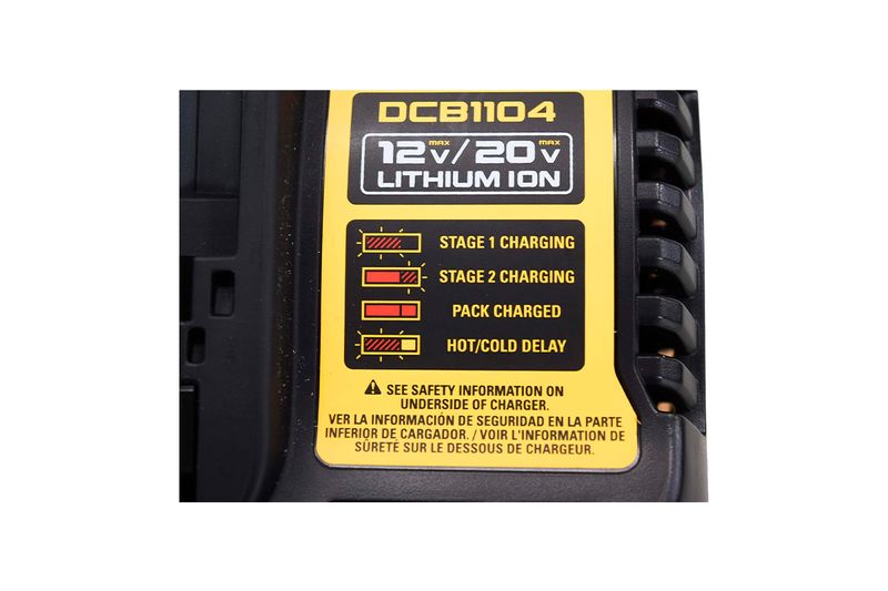 Cargador de batería 12 V / 20 V 4 Amp DeWALT, primer plano de la etiqueta amarilla con indicadores de carga y modelo