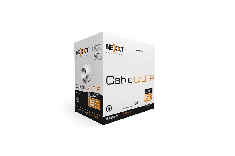 Cable UTP 4 par 25 AWG CMX Cat5e caja 305 m Nexxt, empaque blanco con detalles naranjas y orificio para extraer el cable