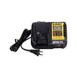 Cargador de batería 12 V / 20 V 4 Amp DeWALT, vista frontal del equipo en color negro y amarillo con su cable de corriente