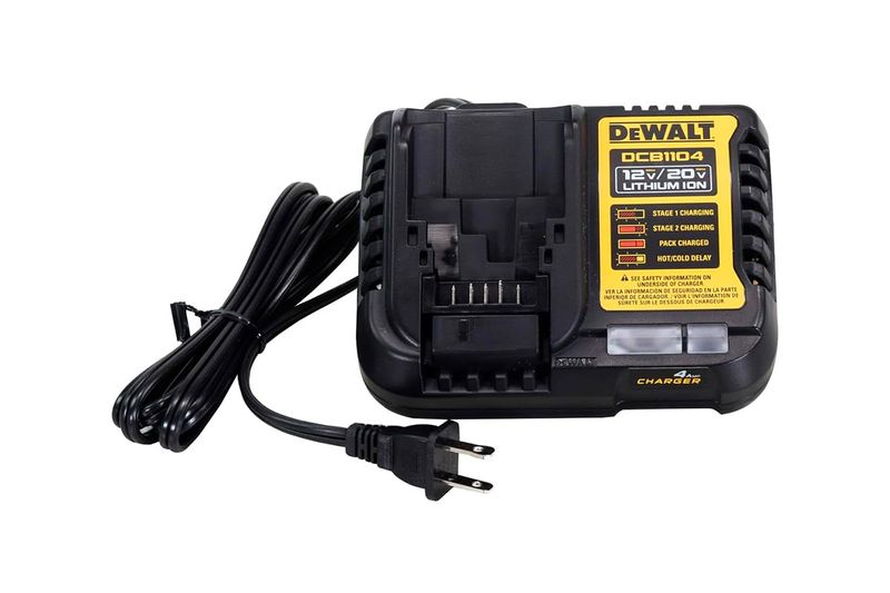 Cargador de batería 12 V / 20 V 4 Amp DeWALT, vista frontal del equipo en color negro y amarillo con su cable de corriente