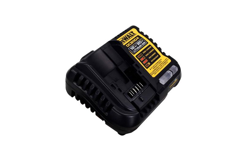 Cargador de batería 12 V/20 V 4 Amp DeWALT, vista cenital del equipo negro con etiquetas de advertencia amarillas