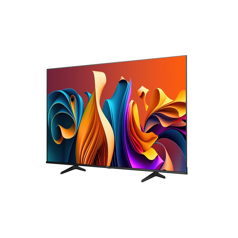 TV LED 85" Smart UHD 4K Hisense 85A6N, vista frontal con pantalla encendida mostrando arte abstracto colorido