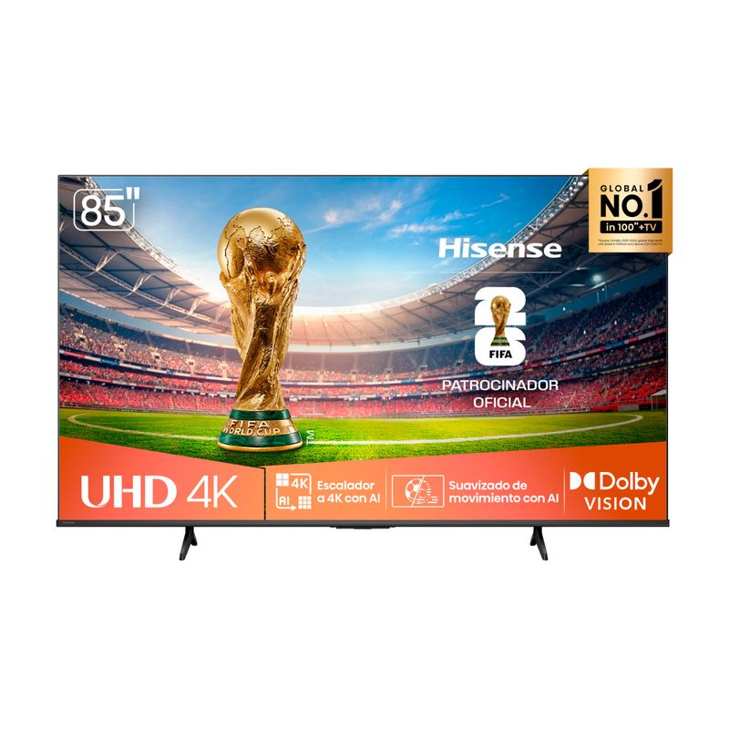 TV LED 85 pulgadas Smart UHD 4K Hisense, vista frontal encendida mostrando la copa del mundo en un estadio