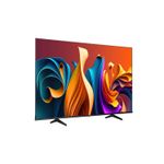 TV LED 85" Smart UHD 4K Hisense, vista frontal del televisor encendido con fondo colorido y patas negras