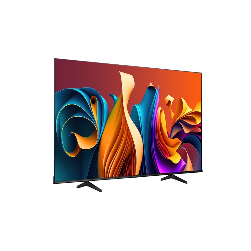 TV LED 85" Smart UHD 4K Hisense, vista frontal del televisor encendido con fondo colorido y patas negras