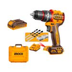 Taladro inalámbrico percutor 1/2 brushless 20V Ingco, equipo amarillo con batería, cargador, brocas y maletín de transporte