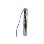 Bomba sumergible tipo bala para agua limpia 110V Truper de 2 HP, vista frontal completa con cable eléctrico azul