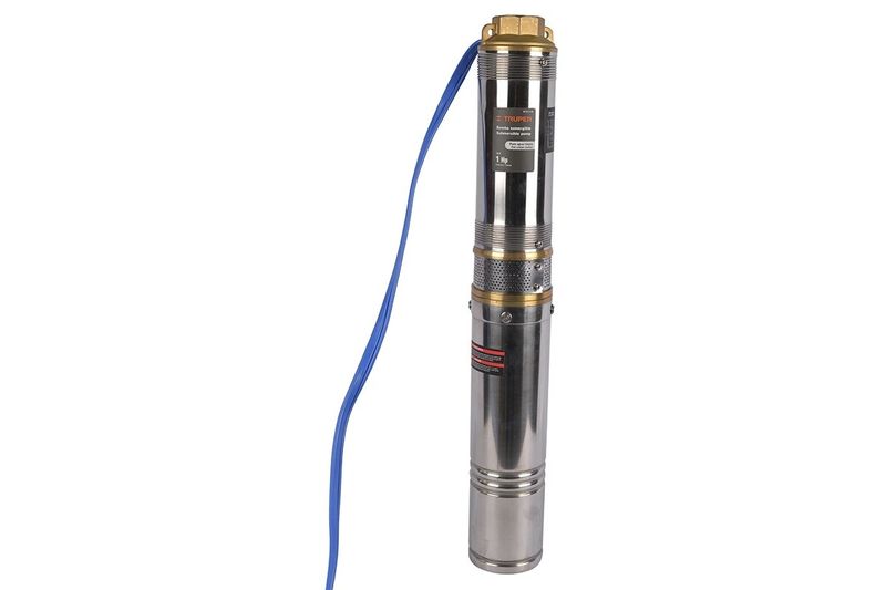 Bomba sumergible tipo bala para agua limpia 110V Truper de 2 HP, vista frontal completa con cable eléctrico azul